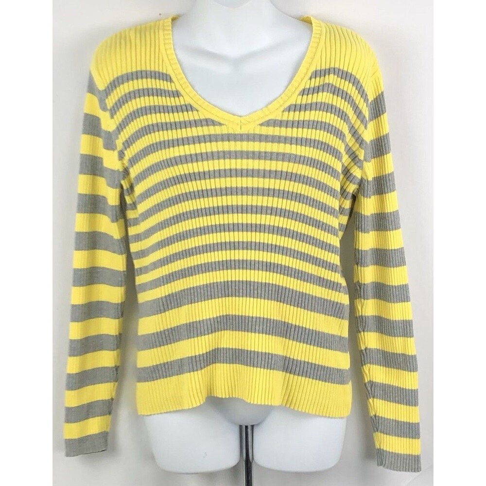 St Johns Bay sweater M yellow/gray stripe V-neck longsleeve Y2K Emo Cottage